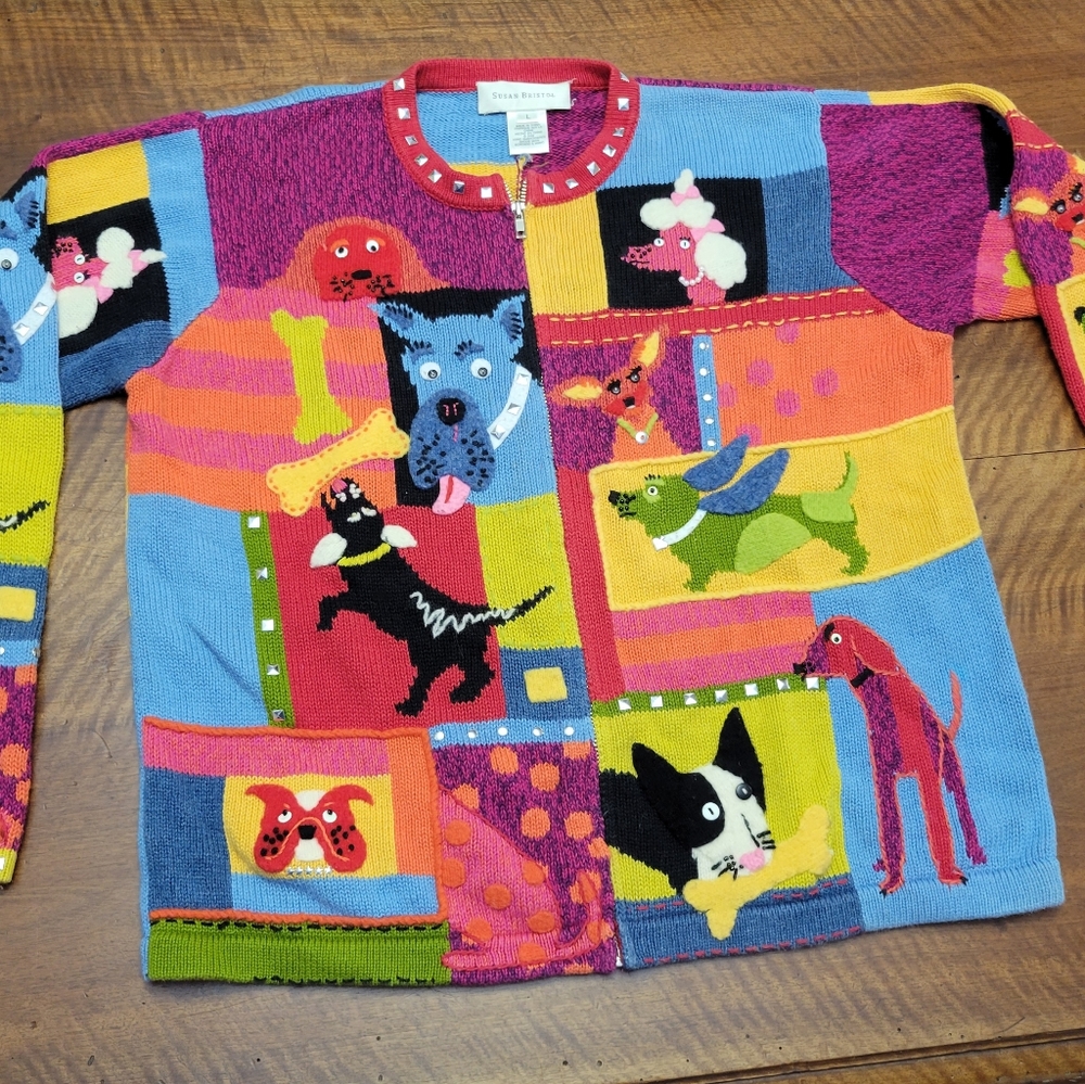 Susan Bristol Dog Sweater Color Block Vintage 2002 Y2K